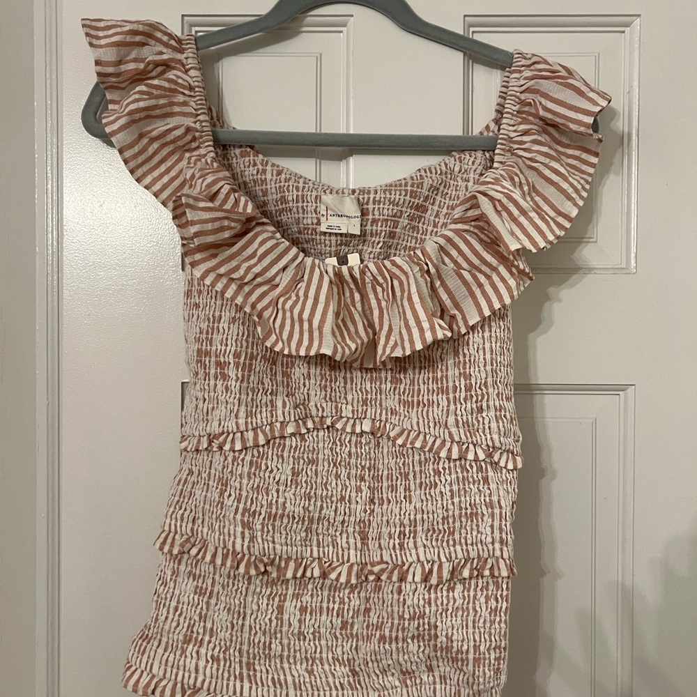 Anthropologie Ruffle Blouse in Pink and White Stripes